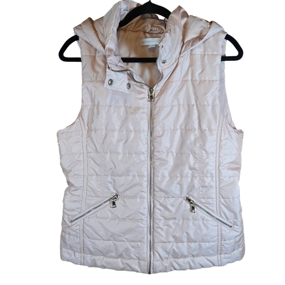 New York & Company Quilted Puffer Vest Womens M Sleeveless Hooded Zip‎